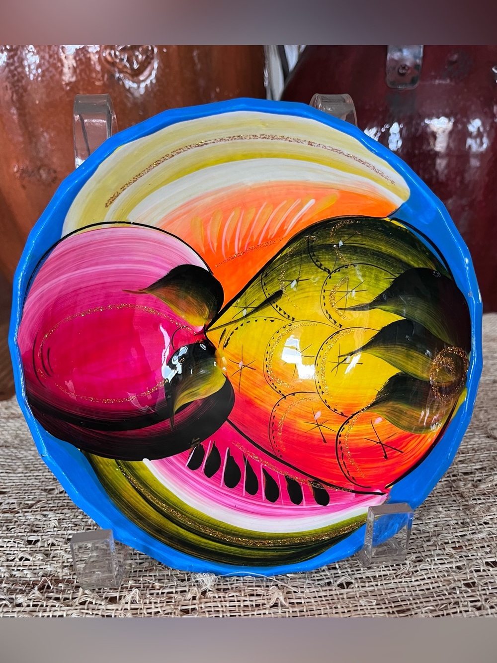 Handmade Hand-Painted Tropical Fruit Decorative Bowl - Blue Edge 6”